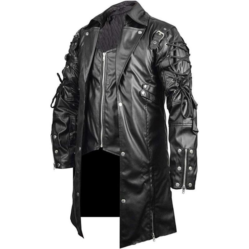 Muški PU kožni kaput – srednje duljine, gotičko-punk stil, zatvarač na zip