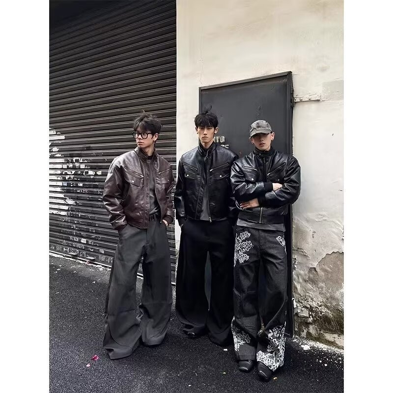Cleanfit férfi PU bőrkabát oversize kivitelben, amerikai bikers-stílusú, nagy zsebekkel
