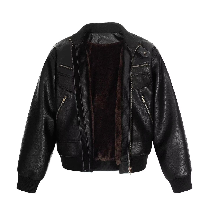 Cleanfit férfi PU bőrkabát oversize kivitelben, amerikai bikers-stílusú, nagy zsebekkel