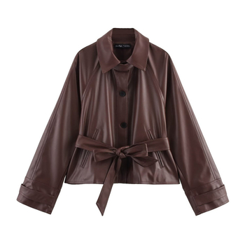 Ženski kratki trench coat od umjetne kože s remenom, europsko-američki stil, jednobojni, dugi rukavi