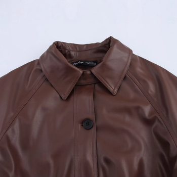 Ženski kratki trench coat od umjetne kože s remenom, europsko-američki stil, jednobojni, dugi rukavi