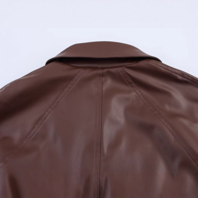 Ženski kratki trench coat od umjetne kože s remenom, europsko-američki stil, jednobojni, dugi rukavi