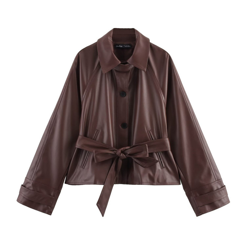 Ženski kratki trench coat od umjetne kože s remenom, europsko-američki stil, jednobojni, dugi rukavi