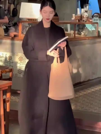 Crni ženski dvostrani kaput od vune i kašmira, srednje dužine, veliki ovratnik, Hepburn stil