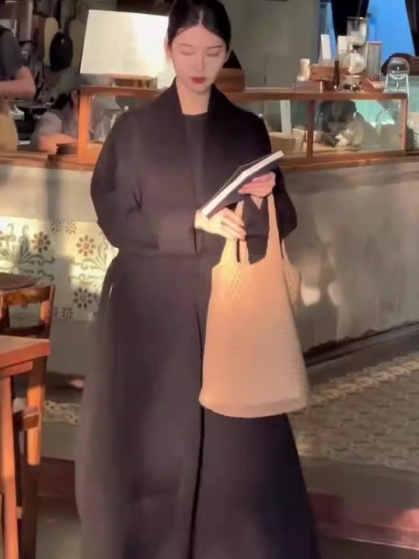Crni ženski dvostrani kaput od vune i kašmira, srednje dužine, veliki ovratnik, Hepburn stil