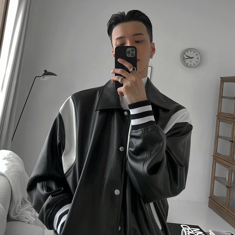 MYQ PU kožna jakna za muškarce, baseball stil, proljeće 2022, moderan model, široki kroj inspiriran Korejom