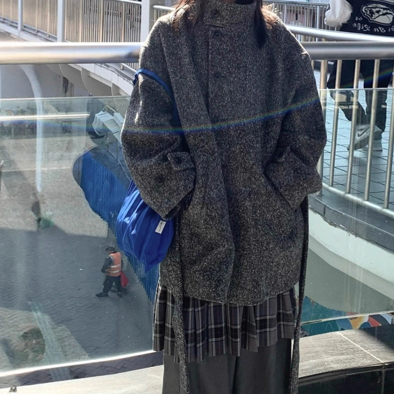 Ženski sivi vuneni kaput inspiriran Hepburnom, korejski stil, sitne veličine, elegantan
