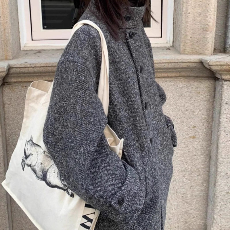 Ženski sivi vuneni kaput inspiriran Hepburnom, korejski stil, sitne veličine, elegantan