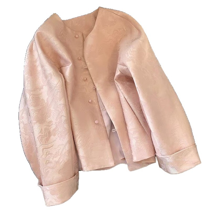 Ružičasti ženski sako s tiskom u kineskom stilu, jesen 2025, vrhunska kvaliteta, okrugli ovratnik, elegantan retro stil