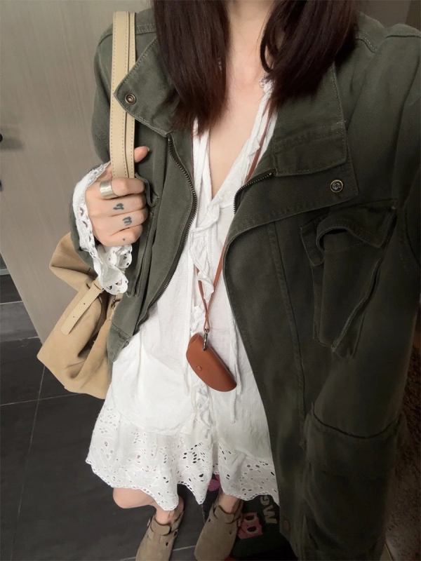 Raktáron: Koreai Dongdaemun vintage katonai zöld munkaruha-stílusú kabát női, álló gallérral, laza, hétköznapi fazon