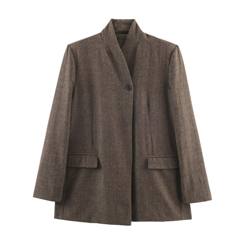 Žensko kratko sako od miješane tkanine s uzorkom herringbone twill, ležerni stil