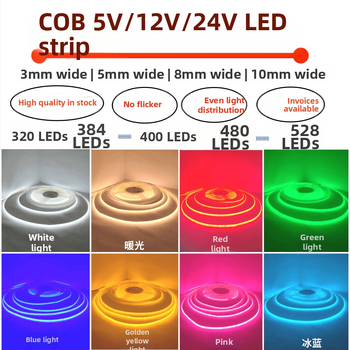 COB LED trak, 5V/12V/24V, širina 3/5/8/10 mm, bijela i topla bijela, crvena, zelena, plava, ružičasta, ledeno plava, zlatno žuta