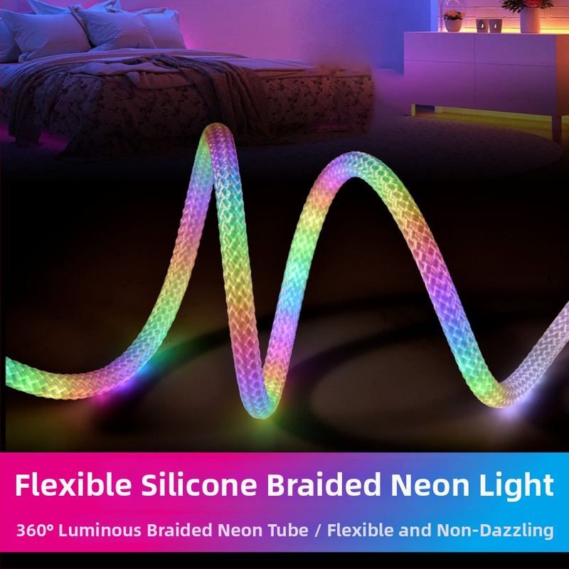Svietiaca sieťová pletená LED páska s farebnými silikónovými neón RGB efektmi, okrúhly trubkový pás s efektom prúdu vody, vonkajšie použitie, dizajn dračích šupín