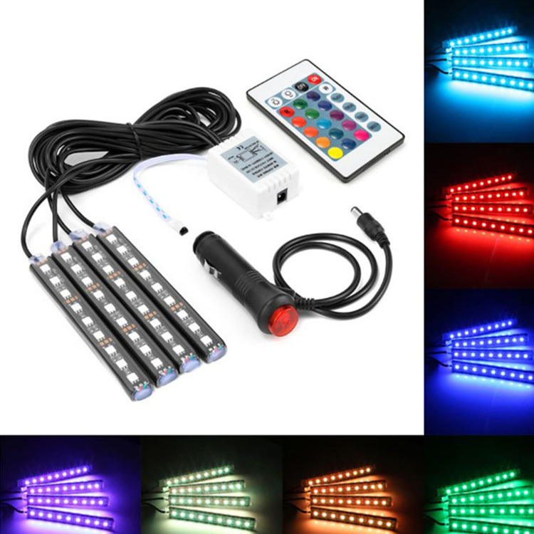 Unutarnja LED traka za automobil s 9 LED, podjela 1 na 4, daljinsko upravljanje, RGB 5050