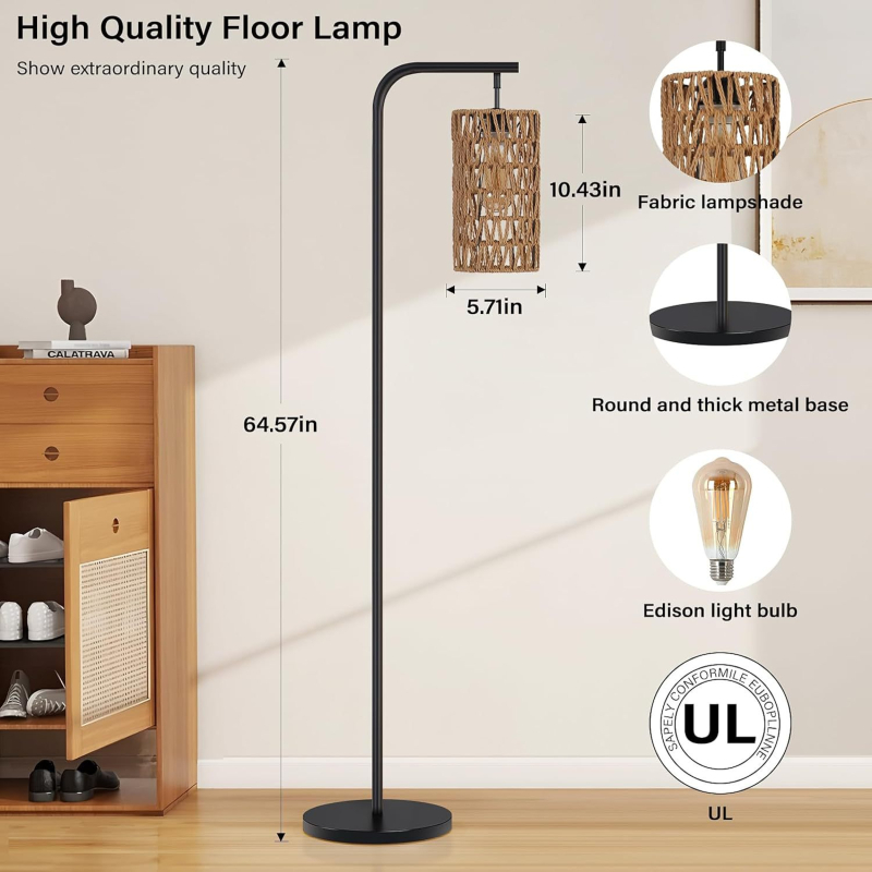 Stojna lampa od ratana, moderni minimalistički stil, detalj užeta, dizajn wabi-sabi