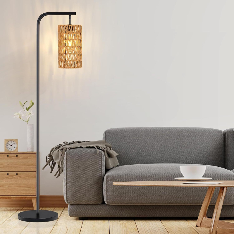 Stojna lampa od ratana, moderni minimalistički stil, detalj užeta, dizajn wabi-sabi
