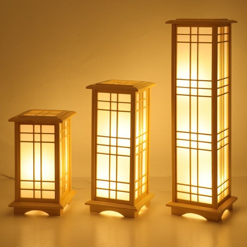 Japanski stil tatami podna lampa s drvenim tijelom, dva LED izvora, sjenilo od pergamenta, visina prilagodljiva do 900 mm
