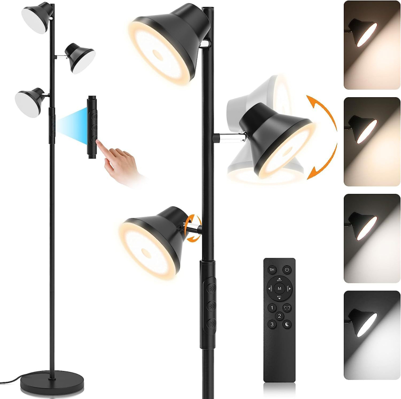 Moderna podna lampa s tri glave u obliku drveta, daljinsko upravljanje, bezstupanjsko podešavanje jačine svjetla i boje, rotirajuća glava, podesiva visina