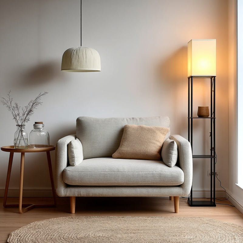 Podna lampa s trostrukim policama, američkog stila, crni okvir, nordijski minimalistički dizajn, kvadratno platnasto sjenilo