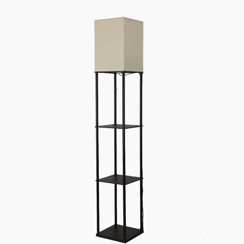 Podna lampa s trostrukim policama, američkog stila, crni okvir, nordijski minimalistički dizajn, kvadratno platnasto sjenilo