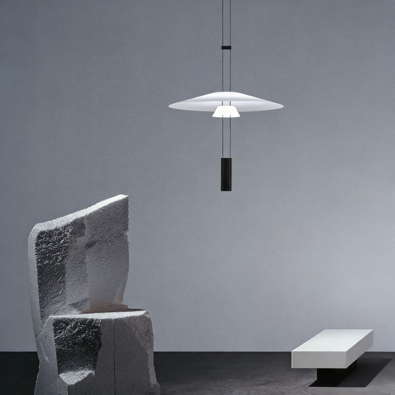 Visilica s UFO stilom i nordijskim minimalističkim dizajnom, LED, aluminijsko tijelo i PMMA abažur, jedna glavna svjetiljka, visina do 1.8 m, pogodna za dnevni boravak i blagovaonu