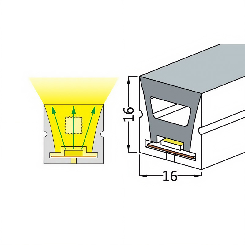 Kültéri LED neon szalag 1616, szilikon bevonat, vízálló, 24V, 120 LED, 3000K/4000K/6500K, Fa-1616 Neon modell, épületek megvilágítása