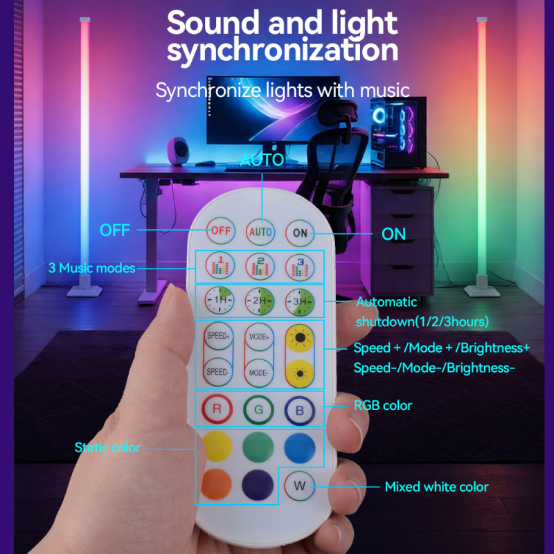 LED ugaona podna lampa s USB, RGBIC ambijentalno osvjetljenje, daljinski upravljač, zvukom aktivirano osvjetljenje