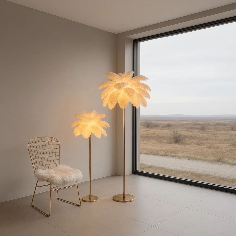 Podna lampa s perjem – nordijski minimalistički stil, s policom za dnevni boravak