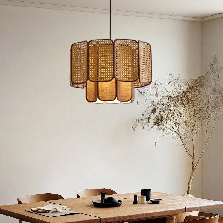 Japanski Wabi-Sabi stil viseća lampa od bambusa i ratana za dnevni boravak i blagovaonu, prilagodljiva visina 1,5 m
