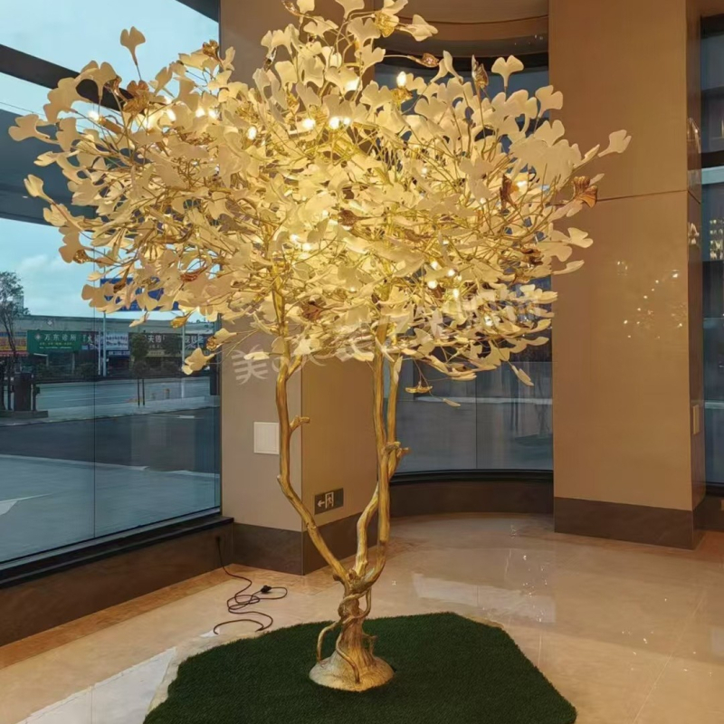 Polu bakreni luster za hotelski lobby, dekoracija recepcije i vile, lampa s listom ginko, projektno osvjetljenje