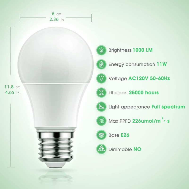 LEDA19 LED lampa za rast biljaka s punim spektrom, US standard 4000K, 11W, promjenjiva jačina svjetla