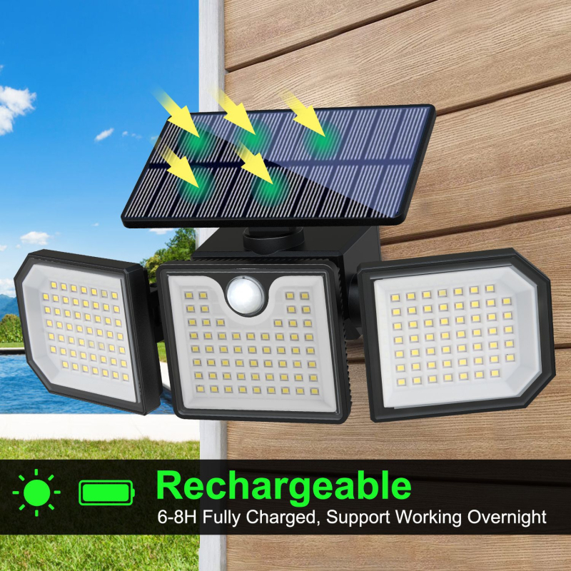 Solarni vanjski reflektor s tri glave, senzorom, daljinskim upravljanjem, vodootporan, osvjetljenje dvorišta i ulice, svjetlo za nužne situacije