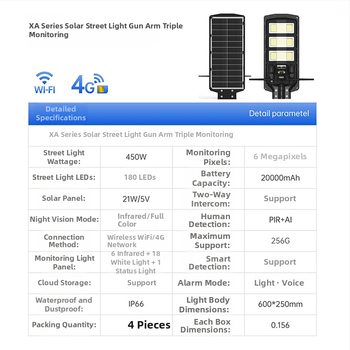 LED solarna ulična rasvjeta s kamerom za HD nadzor, solarni panel, visoka snaga, vanjska vodootporna vrtna svjetiljka