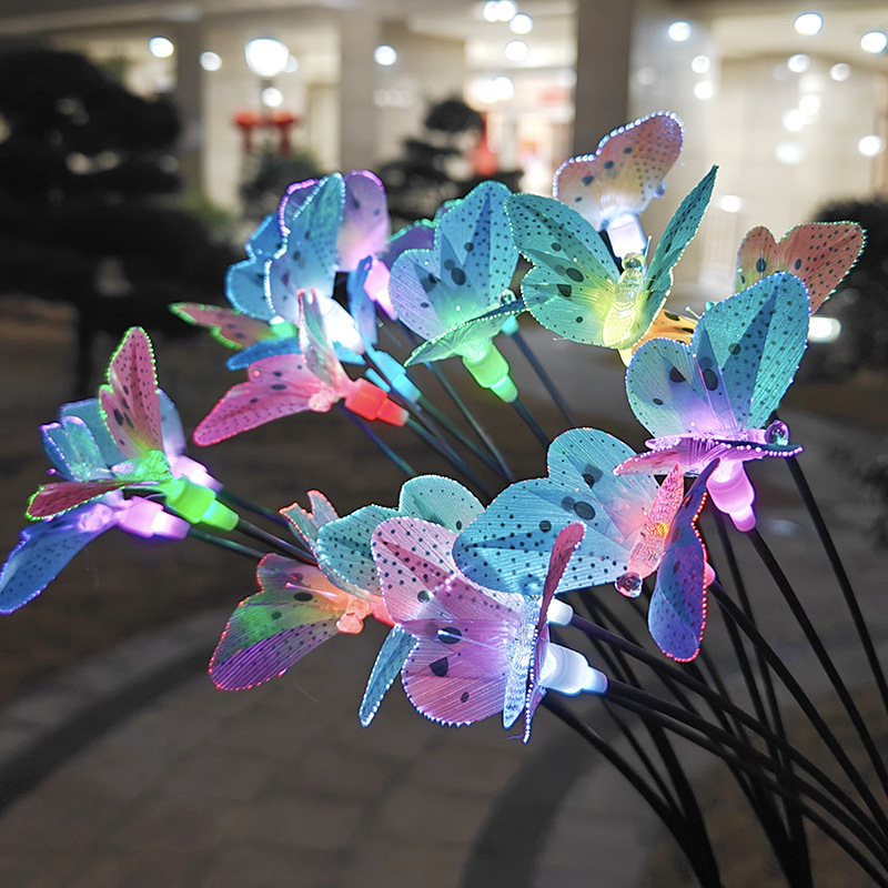 Lumină solară de grădină cu fibră optică în formă de fluture, LED ce schimbă culoarea, montaj în pământ, IP65, oțel inoxidabil, seria Firefly, decor pentru grădină
