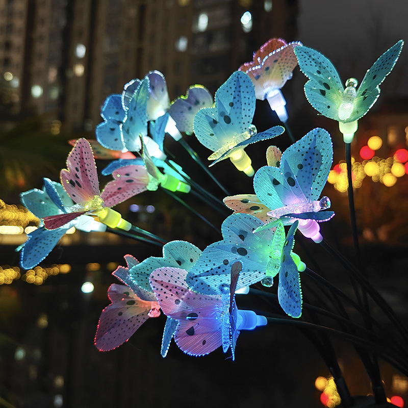 Lumină solară de grădină cu fibră optică în formă de fluture, LED ce schimbă culoarea, montaj în pământ, IP65, oțel inoxidabil, seria Firefly, decor pentru grădină