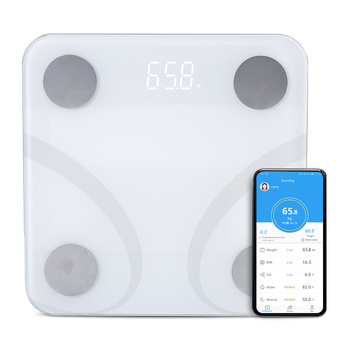 Kućna Bluetooth vaga za mjerenje tjelesne masnoće, s platnom od kaljenog stakla, mjeri težinu, tjelesnu masnoću i kalorije, nosivost do 180 kg.