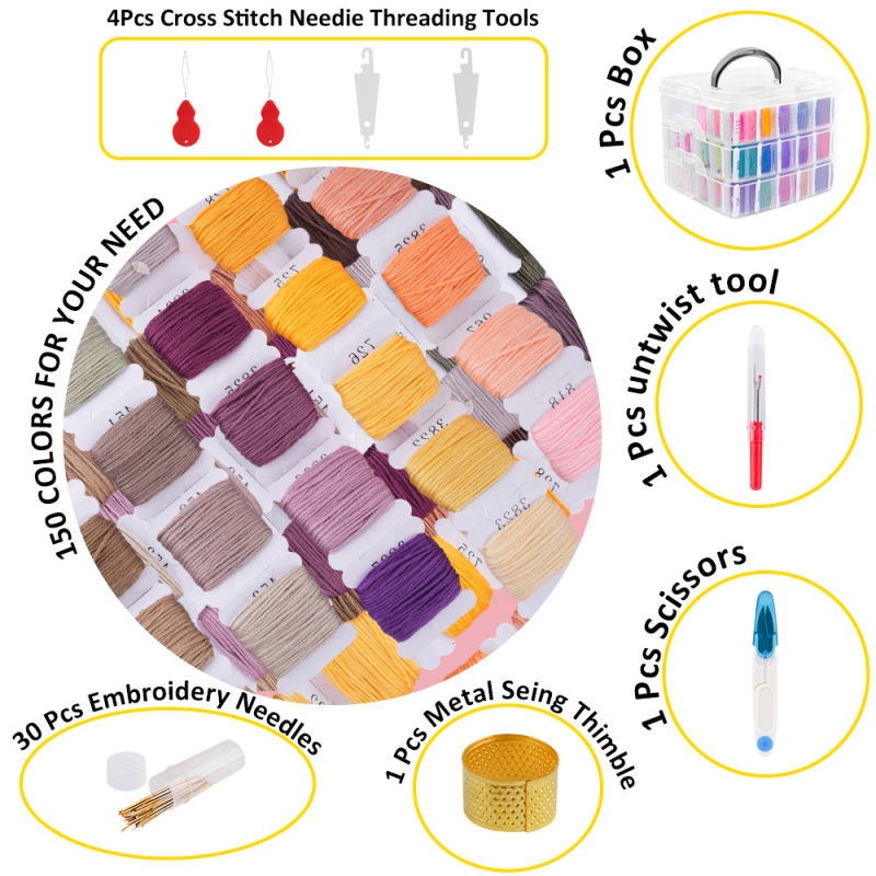 Set niti za cross-stitch s 150 boja, u kutiji s tri razine i pločom za namatanje, prijenosna šivaća kutija