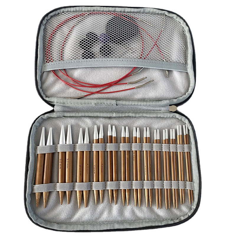 Set za pletenje od bambusa i drveta, 13 pari odvojivih kružnih igala u platnenoj torbi