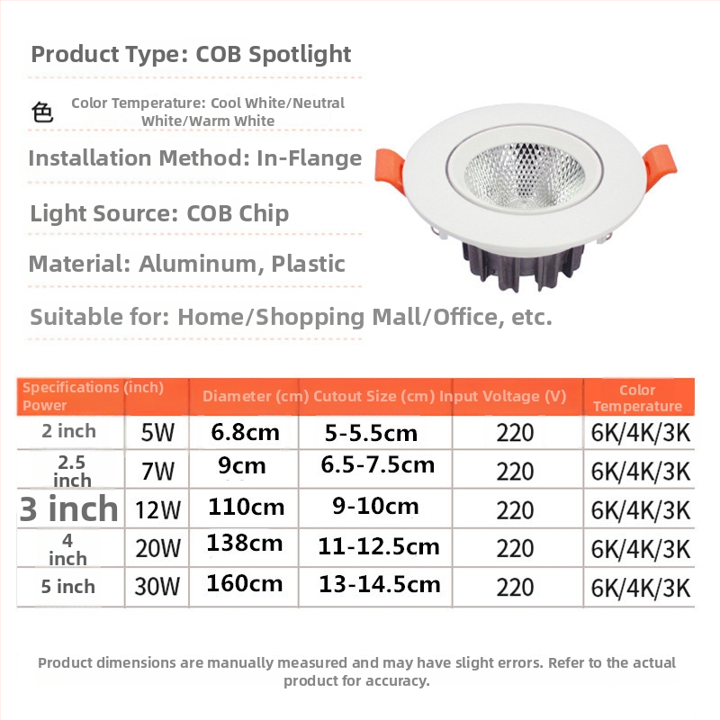 COB LED ugrađeni stropni downlight 20-30W, aluminijsko lijevano kućište, za hotele, trgovačke centre, dnevne sobe, trgovine odjeće, zid pozadine