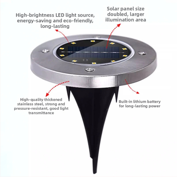 Solarna podzemna LED svjetiljka, 8 LED, nehrđajući čelik, vanjsko osvjetljenje travnjaka i dvorišta, ugradnja u tlo, dekorativno vrlo svijetlo