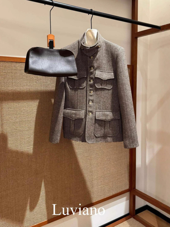 Női gyapjú kabát herringbone mintával, retro stílus, álló gallér, egysoros gombolás, városi vonal