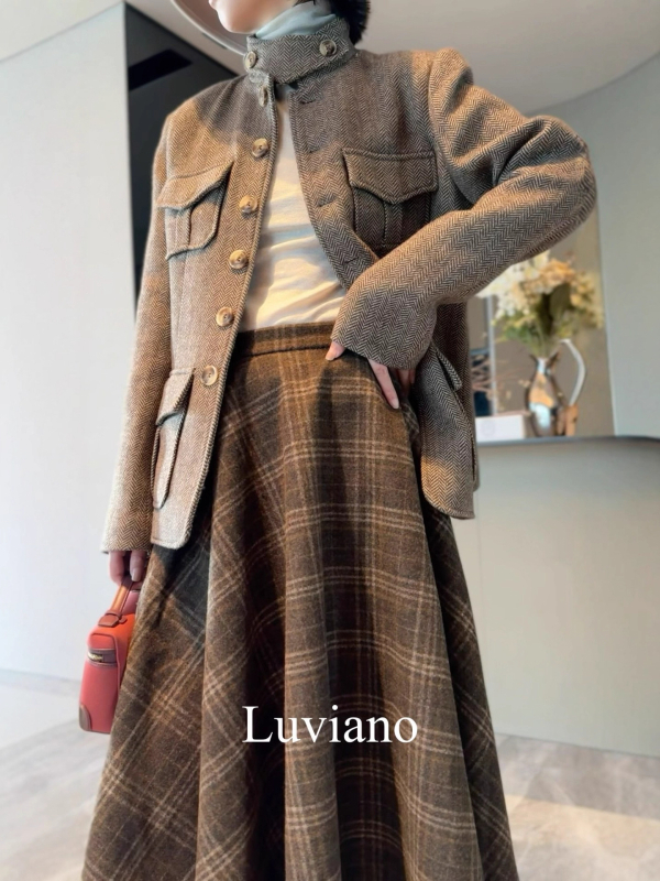 Női gyapjú kabát herringbone mintával, retro stílus, álló gallér, egysoros gombolás, városi vonal