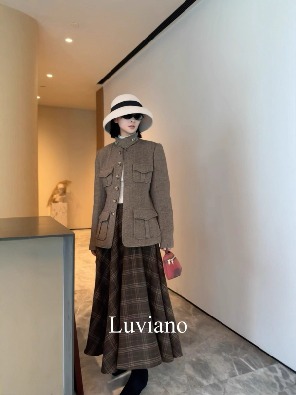 Női gyapjú kabát herringbone mintával, retro stílus, álló gallér, egysoros gombolás, városi vonal