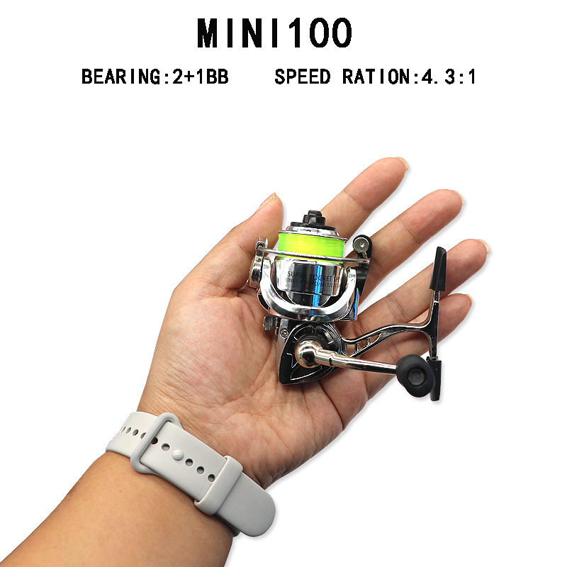 Mini spining kolut tipa 100 s metalnim tijelom, ručka u stilu olovke, ribarski kolut, zamjenjiv za lijevu/desnu ruku, ručni pogon, s najlonom, mikro ribarski kolut