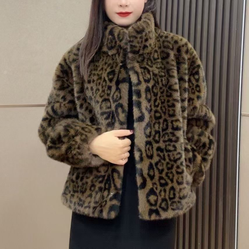 Nova ženski kaput od umjetne norke s leopardnim uzorkom za jesen i zimu, topla i elegantna za posao i fotografiranje, s stojećim ovratnikom.