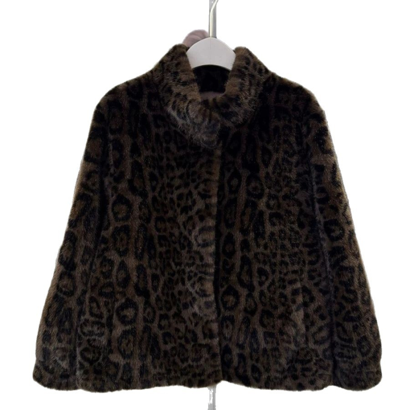 Nova ženski kaput od umjetne norke s leopardnim uzorkom za jesen i zimu, topla i elegantna za posao i fotografiranje, s stojećim ovratnikom.