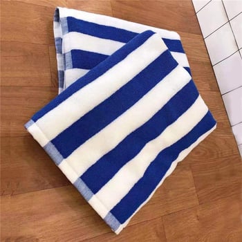 100% pamuk, plavo-bijeli prugasti bojani po niti ručnik za kupanje, debeli, visoka upijavost, 150×75 cm, s tiskanim logom