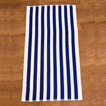100% pamuk, plavo-bijeli prugasti bojani po niti ručnik za kupanje, debeli, visoka upijavost, 150×75 cm, s tiskanim logom