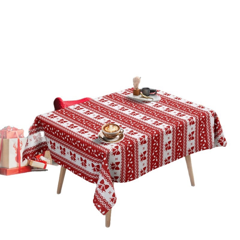 Stolnjak za konferencijski stol s novogodišnjim ugođajem, neobičnog oblika, vodootporan, otporan na masnoće i toplinu, 100% poliester. Dimenzije: 140 × 140 cm, 140 × 180 cm, 140 × 210 cm.