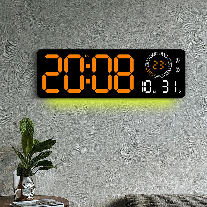 Sjajni, kreativni LED digitalni zidni sat – pravokutnog oblika, moderan za dnevni boravak, s dvama alarmima, kalendarom, termometrom i 24-satnim prikazom (Model 6688)